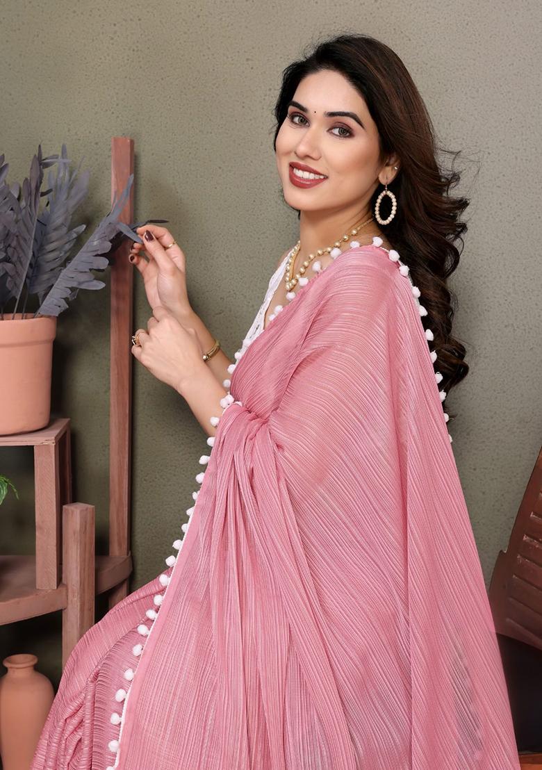 Pink Embroidered Satin Saree Set