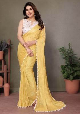 Yellow Embroidered Satin Saree Set