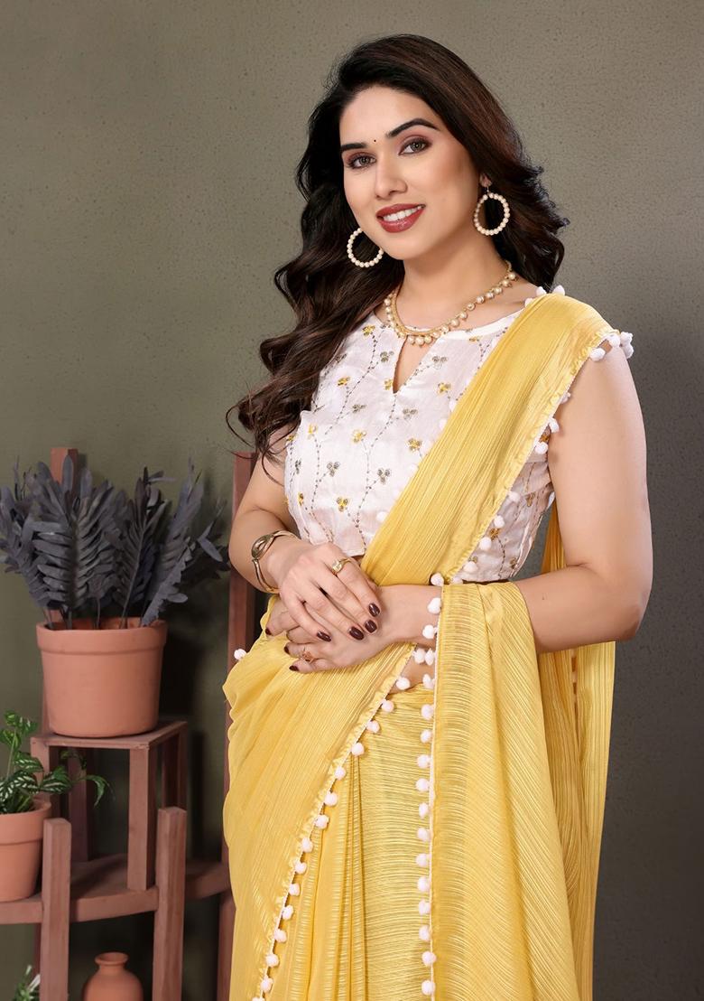 Yellow Embroidered Satin Saree Set