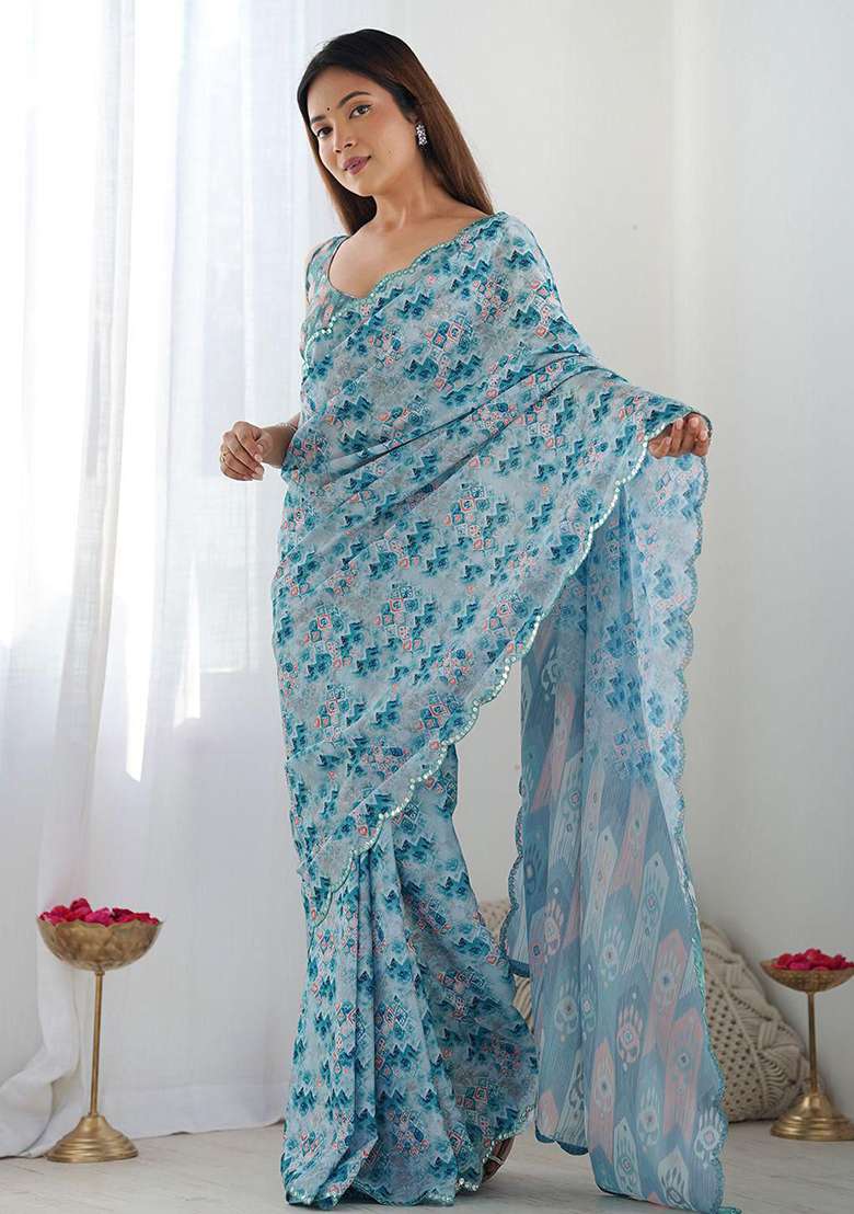 Light Blue Embroidered Georgette Saree Set for Diwali and Festive Wear - Indya
