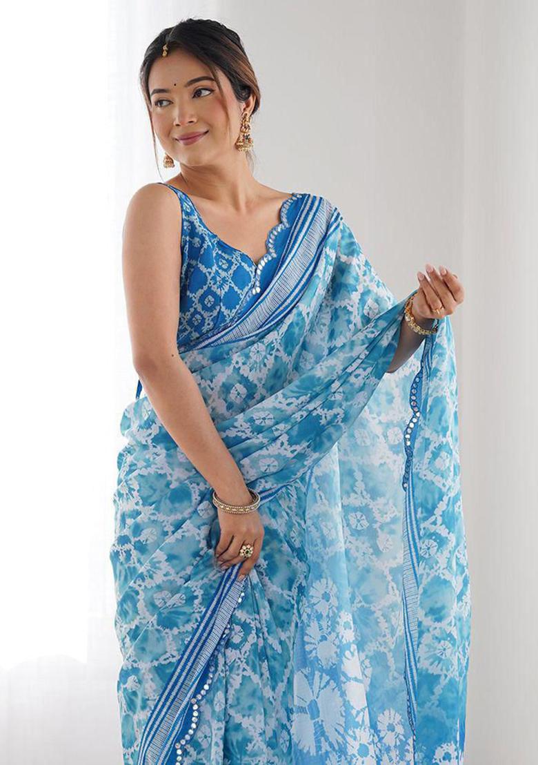 Light Blue Embroidered Georgette Saree Set