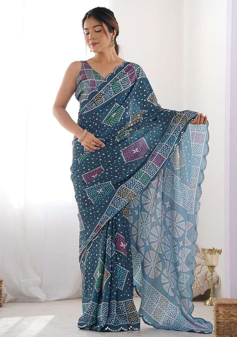 Blue Georgette Saree Set with Embroidered for Diwali | Wedding & Festive Wear - Indya