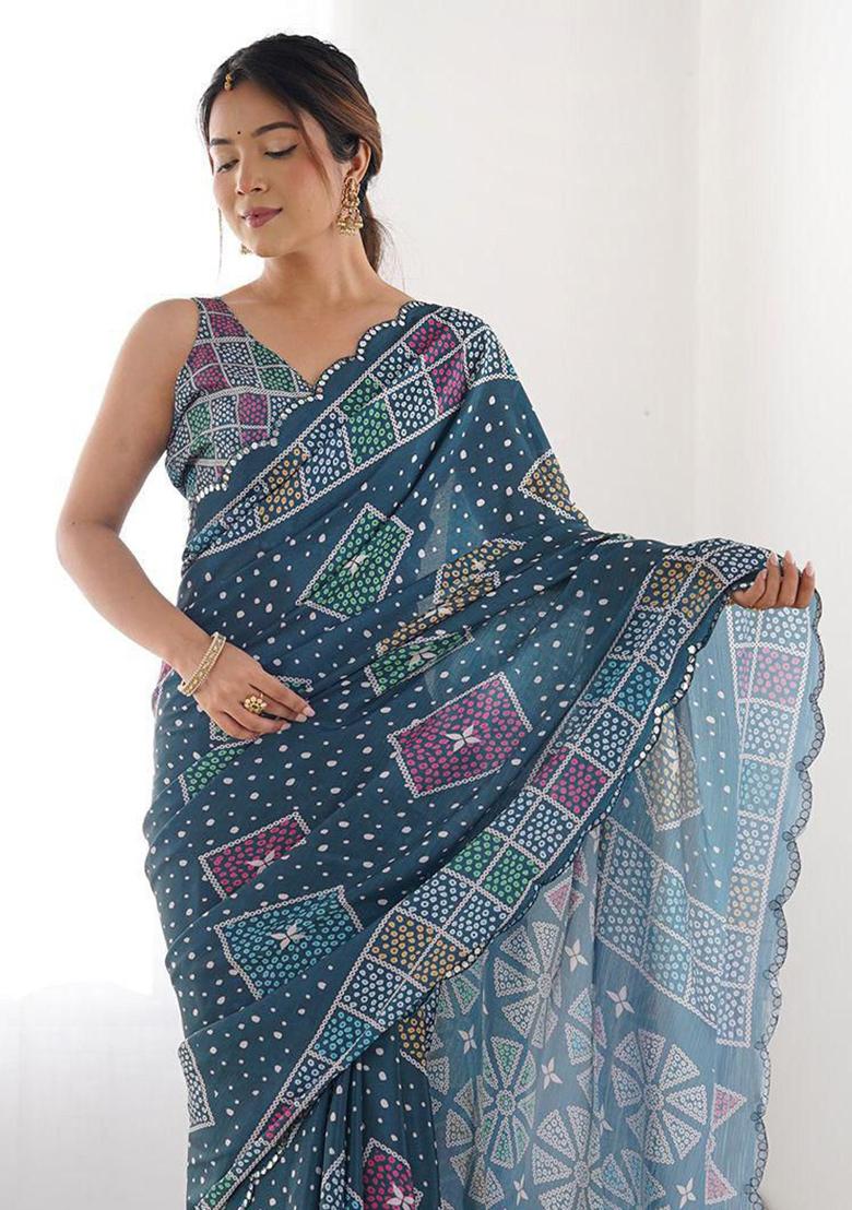 Blue Embroidered Georgette Saree Set