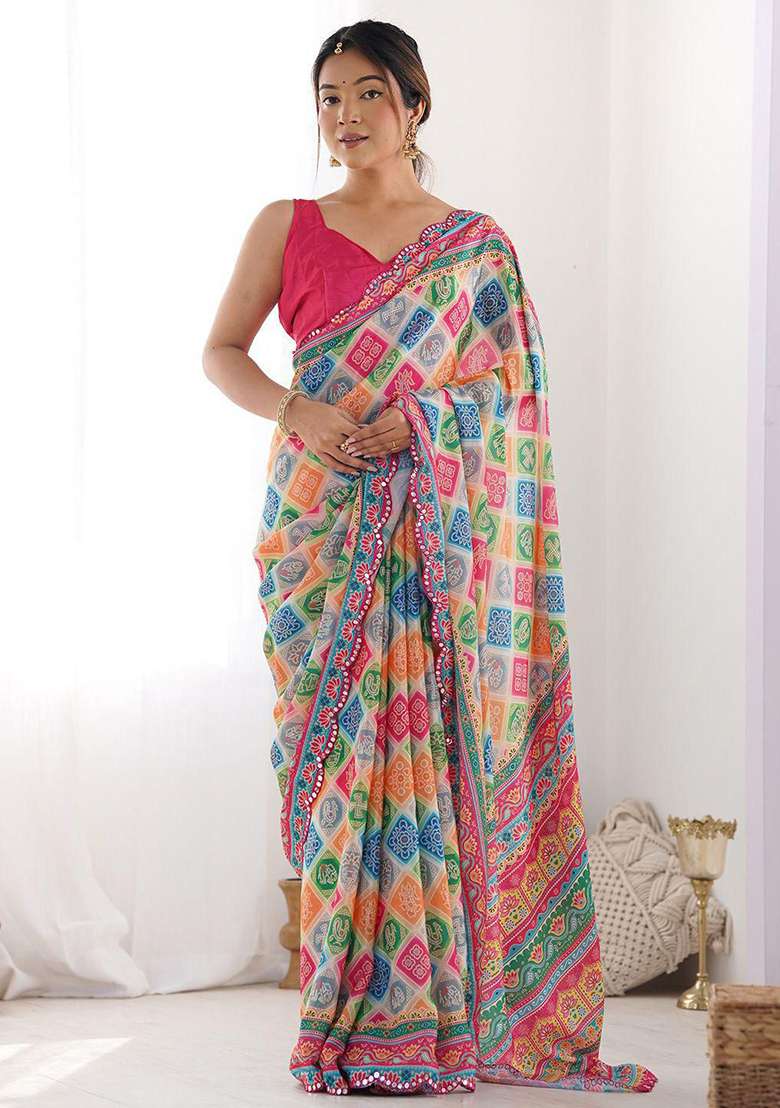 Multicolor Georgette Saree Set with Embroidered for Diwali | Wedding & Festive Wear - Indya