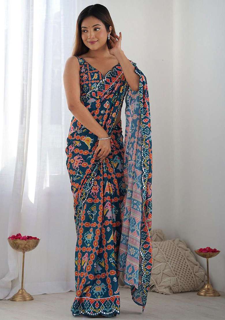 Blue Embroidered Georgette Saree Set for Diwali and Festive Wear - Indya