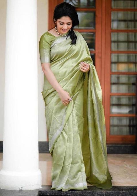 Green Embroidered Silk Blend Saree Set