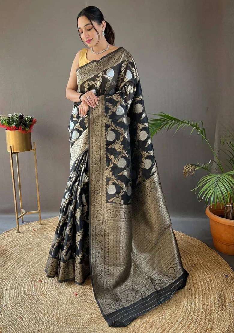 Black Linen Saree Set with Embroidered for Diwali | Wedding & Festive Wear - Indya