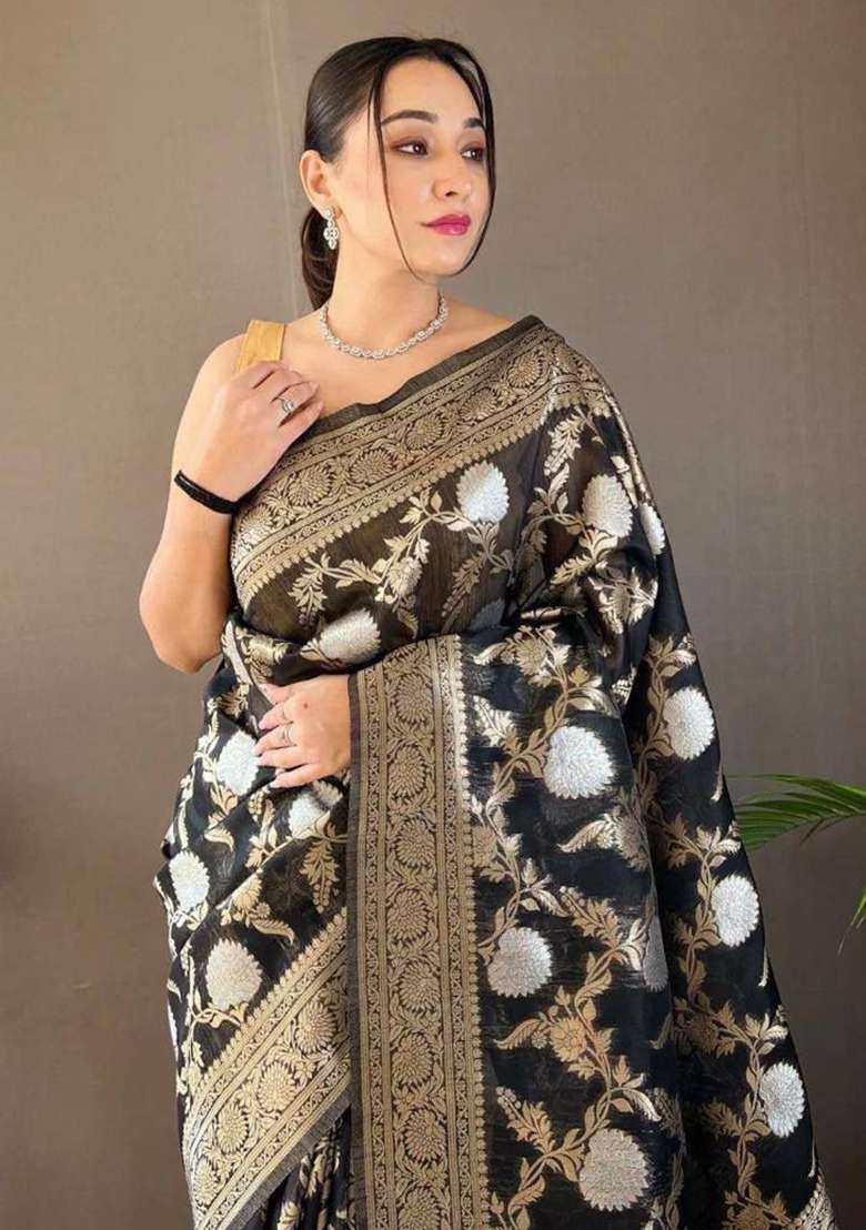 Black Linen Saree Set with Embroidered for Diwali | Wedding & Festive Wear - Indya