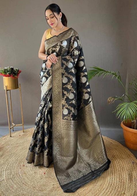 Black Embroidered Linen Saree Set