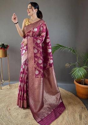 Wine Embroidered Linen Saree Set