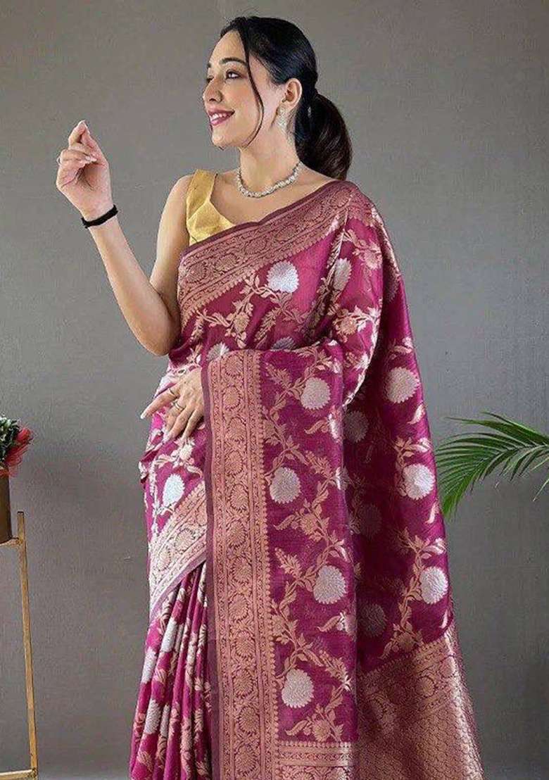 Wine Linen Saree Set with Embroidered for Diwali | Wedding & Festive Wear - Indya