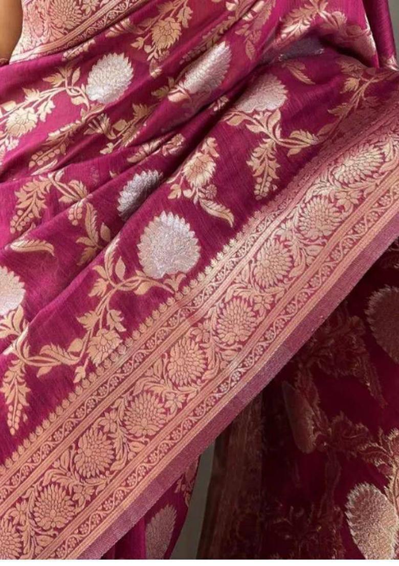 Wine Embroidered Linen Saree Set
