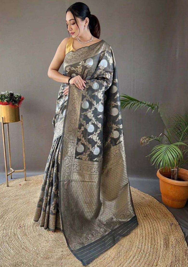 Green Embroidered Linen Saree Set