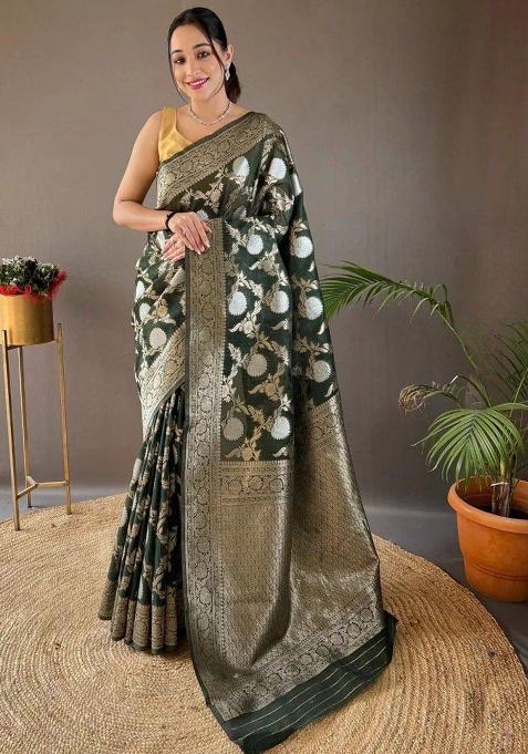 Green Embroidered Linen Saree Set