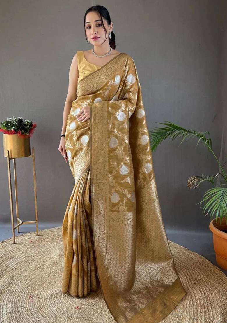 Yellow Embroidered Linen Saree Set for Diwali and Festive Wear - Indya