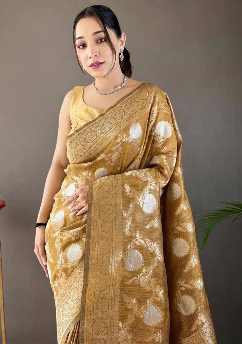 Yellow Embroidered Linen Saree Set