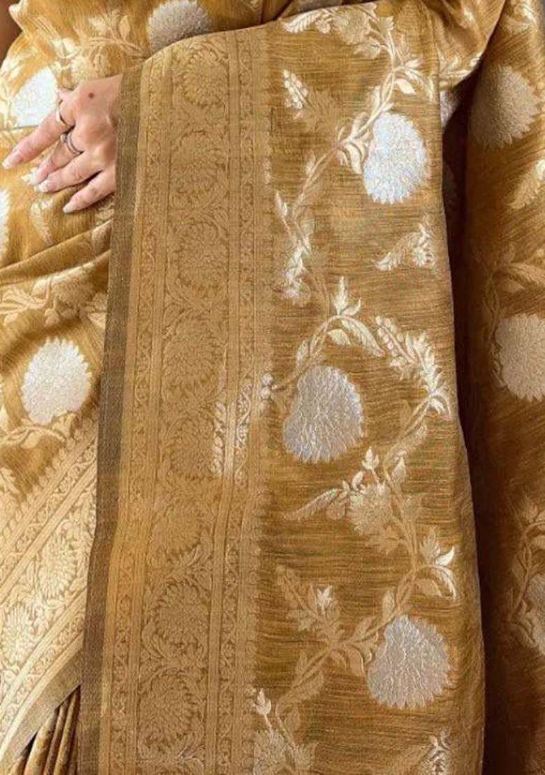 Yellow Embroidered Linen Saree Set for Diwali and Festive Wear - Indya