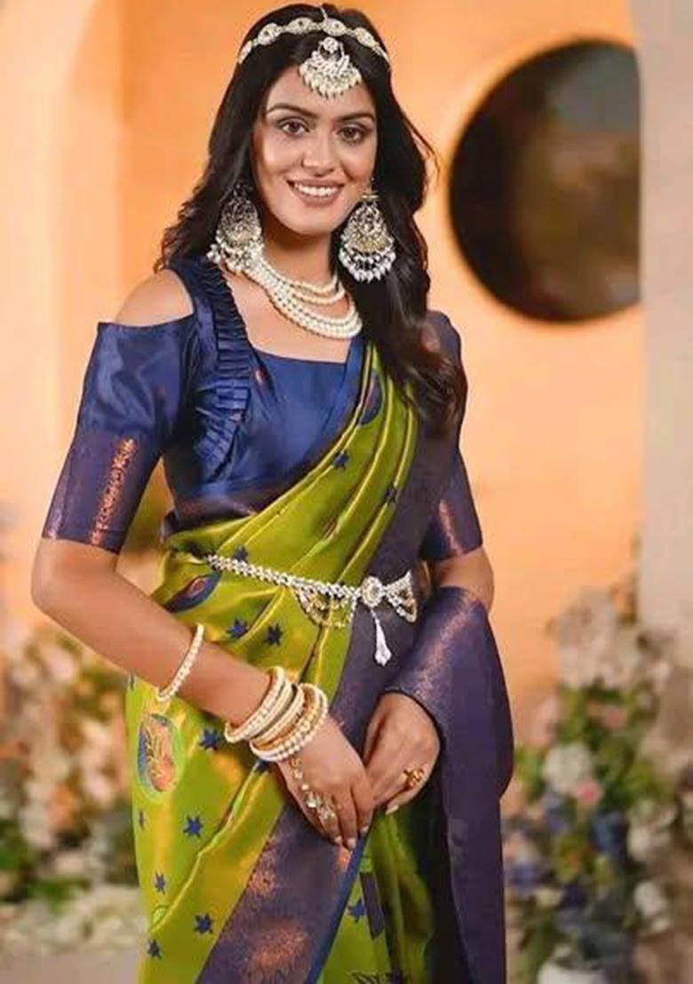 Green Embroidered Banarasi Silk Saree Set