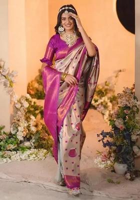 Cream Embroidered Banarasi Silk Saree Set