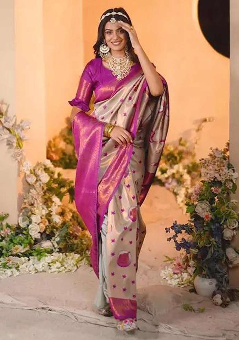 Cream Blend Banarasi Silk Saree Set with Embroidered for Diwali | Wedding & Festive Wear - Indya