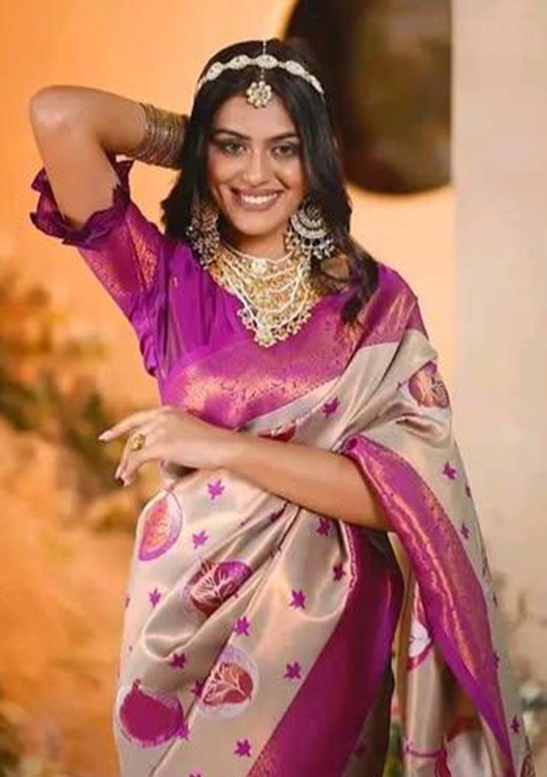 Cream Embroidered Banarasi Silk Saree Set