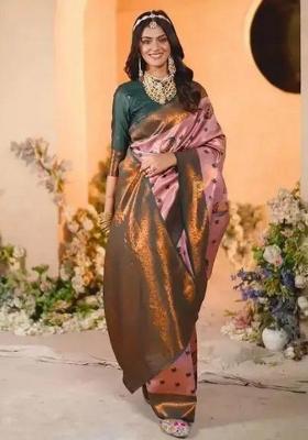 Pink Embroidered Banarasi Silk Saree Set