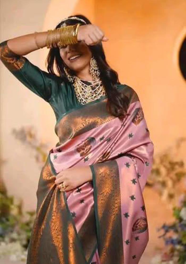 Pink Embroidered Banarasi Silk Saree Set