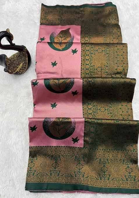 Pink Embroidered Banarasi Silk Saree Set