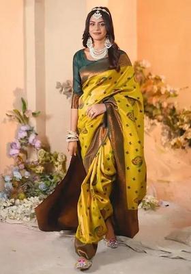 Yellow Embroidered Banarasi Silk Saree Set