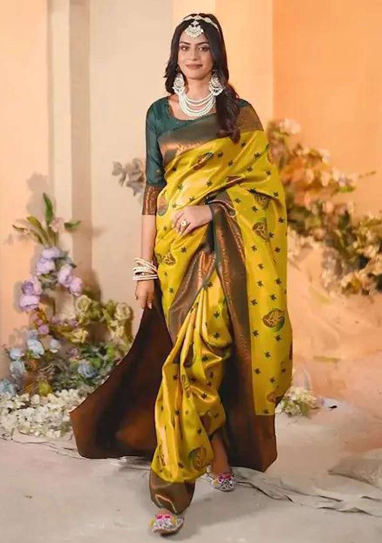 Yellow Embroidered Banarasi Silk Blend Saree Set for Diwali and Festive Wear - Indya