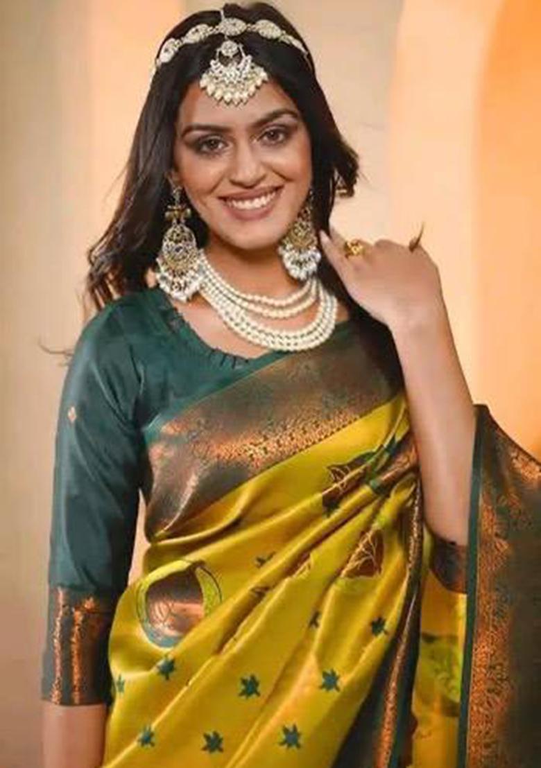 Yellow Embroidered Banarasi Silk Saree Set