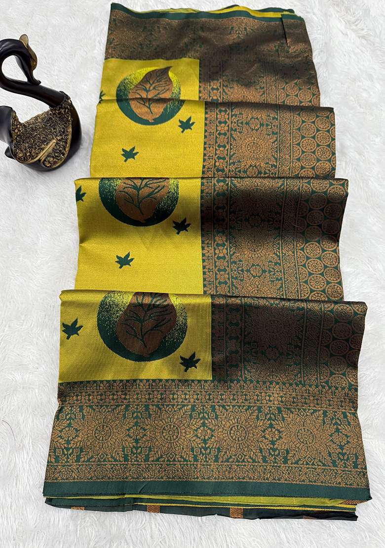 Yellow Embroidered Banarasi Silk Blend Saree Set for Diwali and Festive Wear - Indya