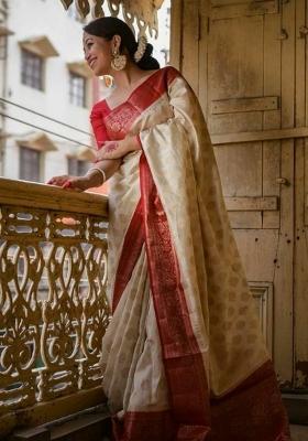 Cream Embroidered Silk Saree Set