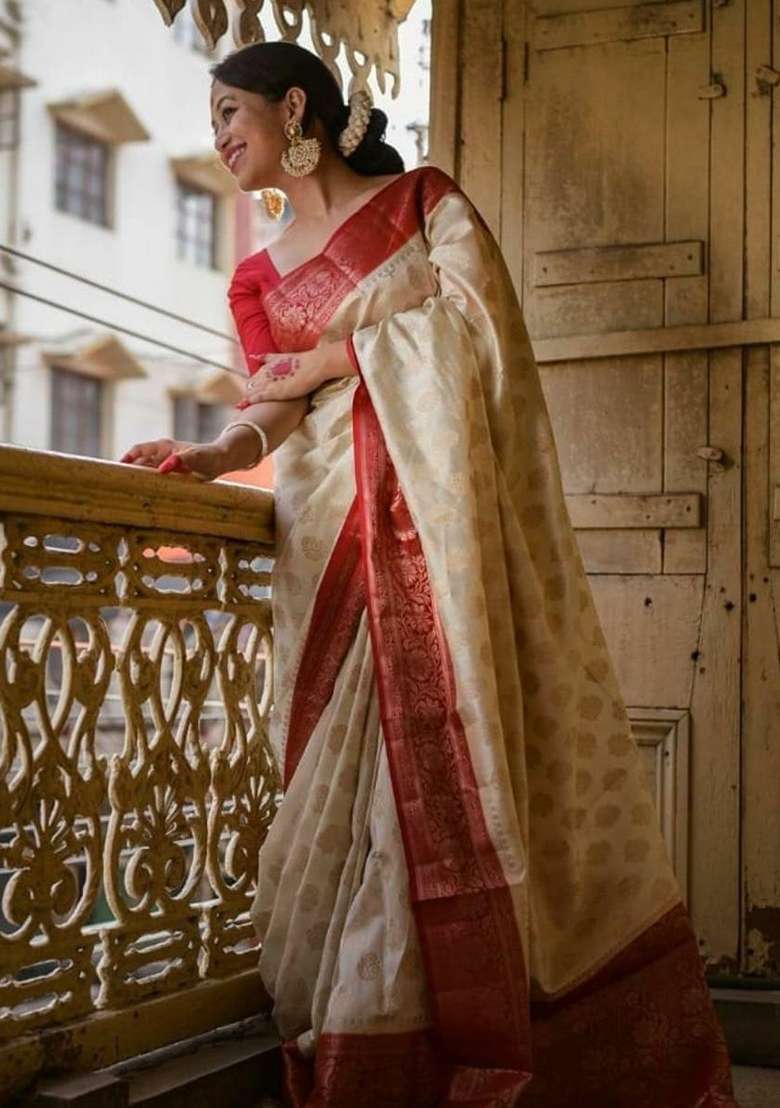Cream Embroidered Silk Blend Saree Set for Diwali and Festive Wear - Indya