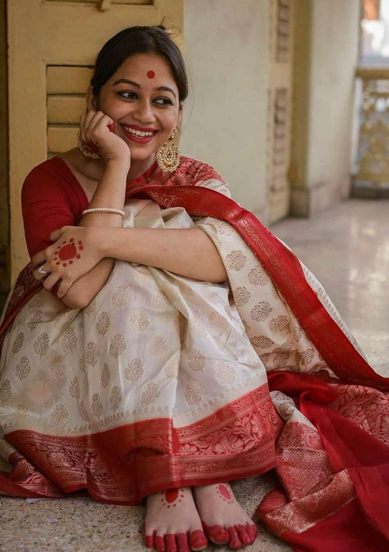 Cream Embroidered Silk Blend Saree Set for Diwali and Festive Wear - Indya