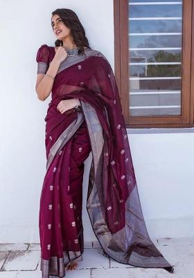 Wine Embroidered Cotton Saree Set