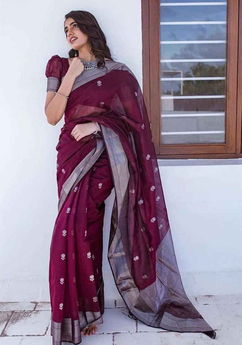 Wine Embroidered Cotton Saree Set for Diwali and Festive Wear - Indya