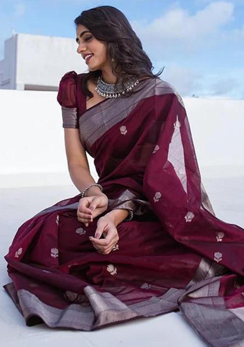 Wine Embroidered Cotton Saree Set