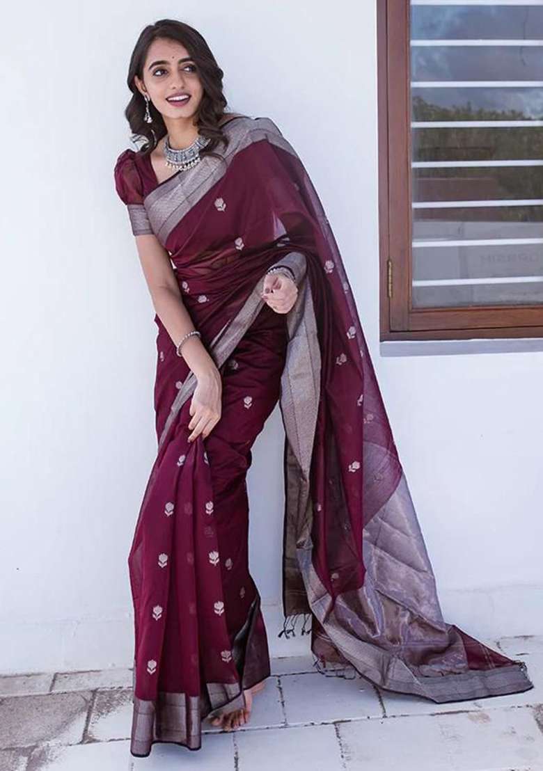 Wine Embroidered Cotton Saree Set for Diwali and Festive Wear - Indya