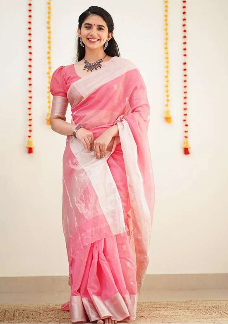 Pink Cotton Saree Set with Embroidered for Diwali | Wedding & Festive Wear - Indya