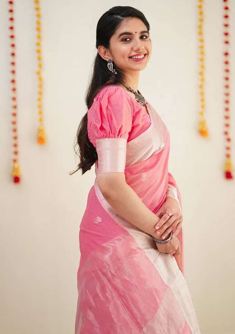Pink Cotton Saree Set with Embroidered for Diwali | Wedding & Festive Wear - Indya