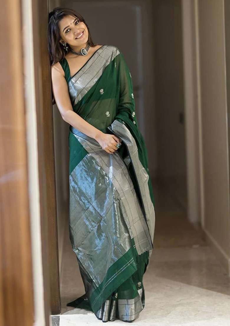 Green Cotton Saree Set with Embroidered for Diwali | Wedding & Festive Wear - Indya