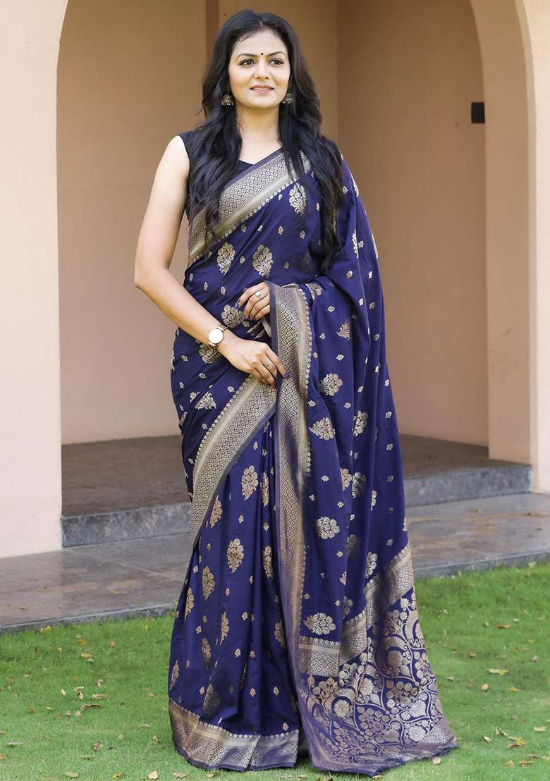 Navy Blue Embroidered Silk Blend Saree Set for Diwali and Festive Wear - Indya