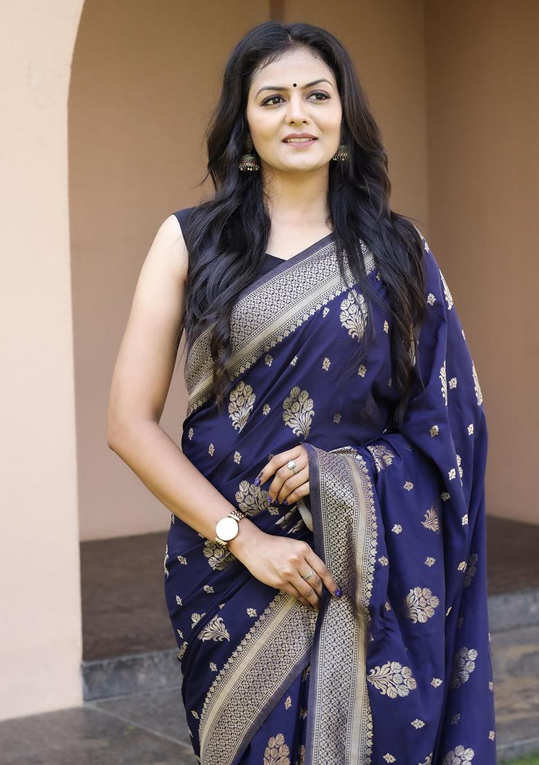 Navy Blue Embroidered Silk Saree Set