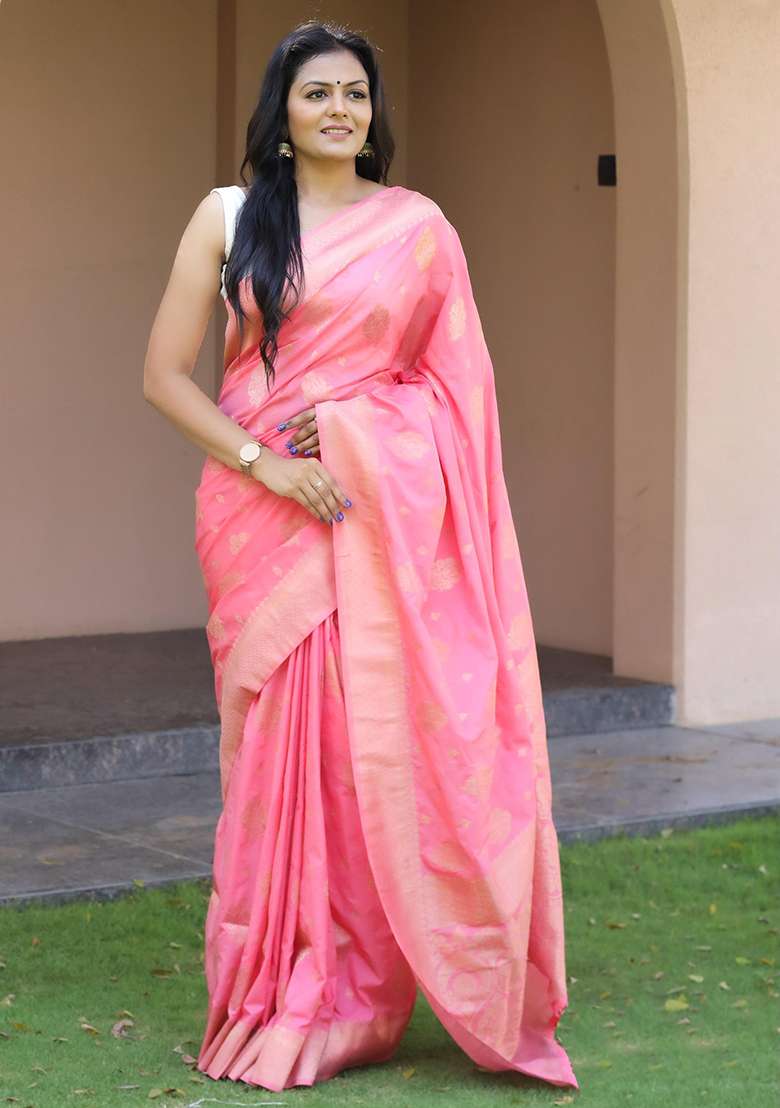 Baby Pink Embroidered Silk Blend Saree Set for Diwali and Festive Wear - Indya