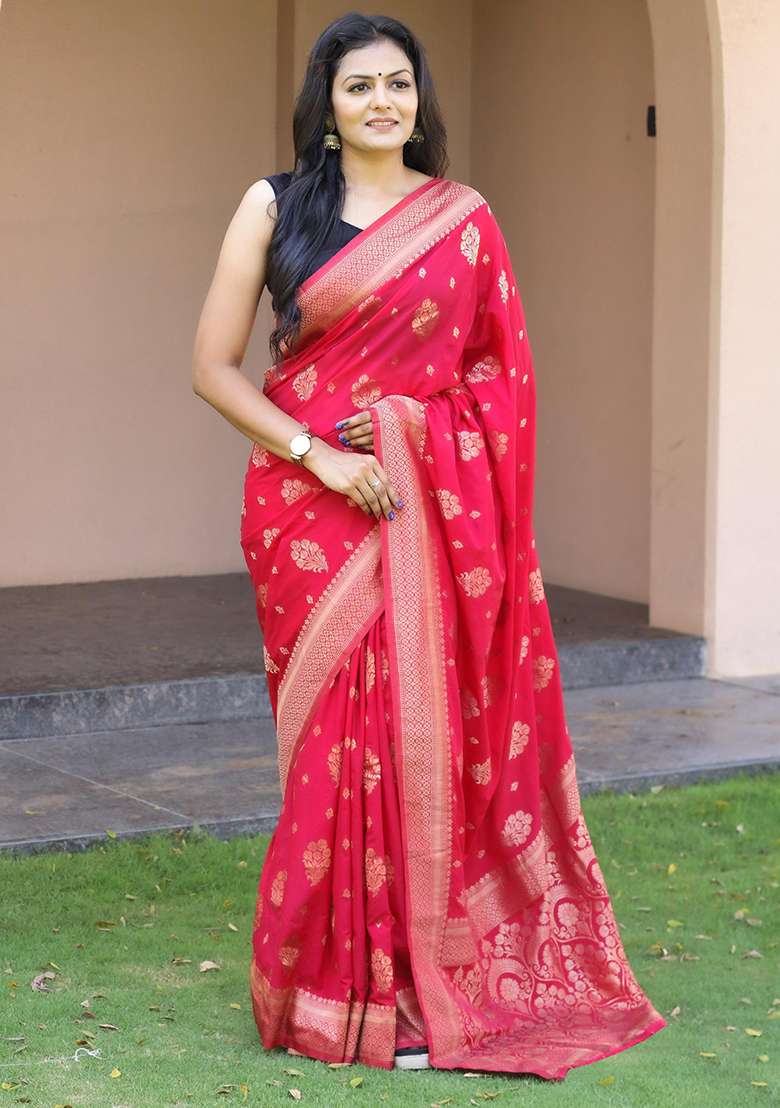 Pink Silk Blend Saree Set with Embroidered for Diwali | Wedding & Festive Wear - Indya