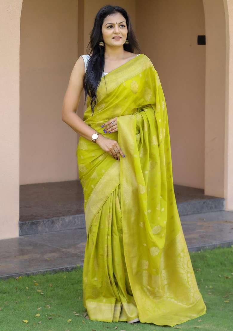 Light Green Embroidered Silk Blend Saree Set for Diwali and Festive Wear - Indya