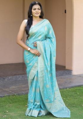Light Blue Embroidered Silk Saree Set