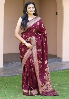 Wine Embroidered Silk Saree Set
