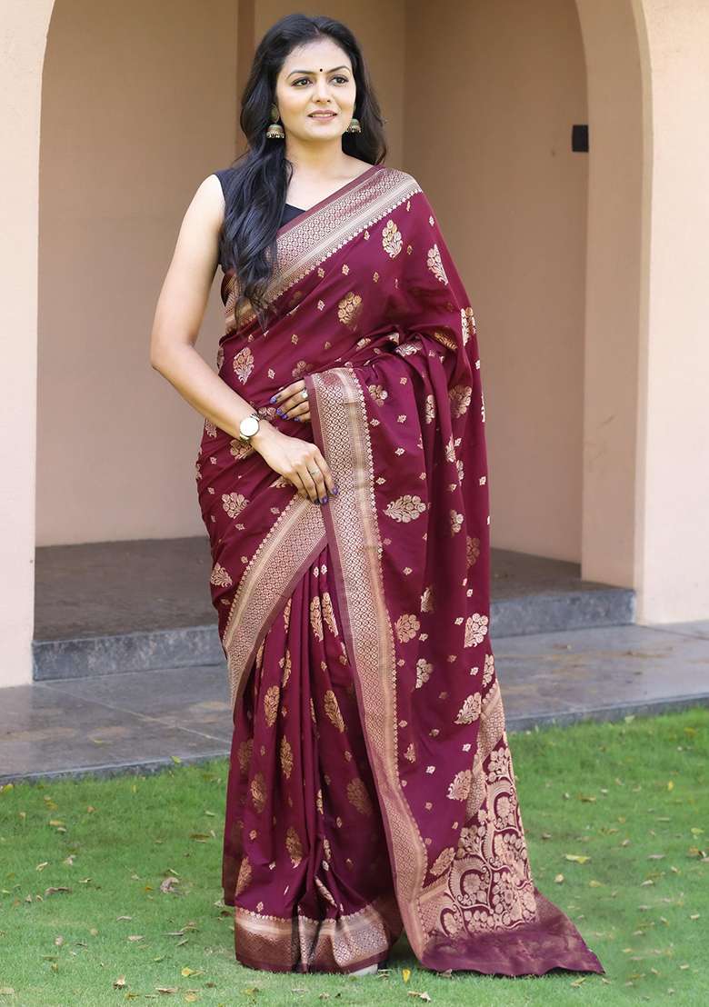 Wine Embroidered Silk Blend Saree Set for Diwali and Festive Wear - Indya